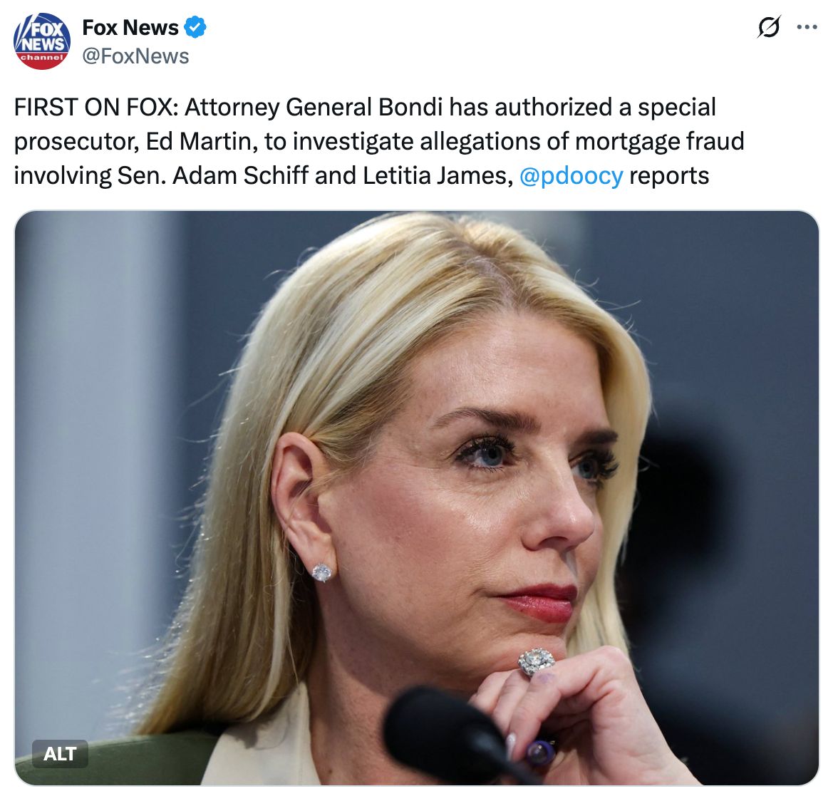 FOX NEWS: FIRST ON FOX: Attorney General Bondi has authorized a special prosecutor, Ed Martin, to investigate allegations of mortgage fraud involving Sen. Adam Schiff and Letitia James, @pdoocy reports