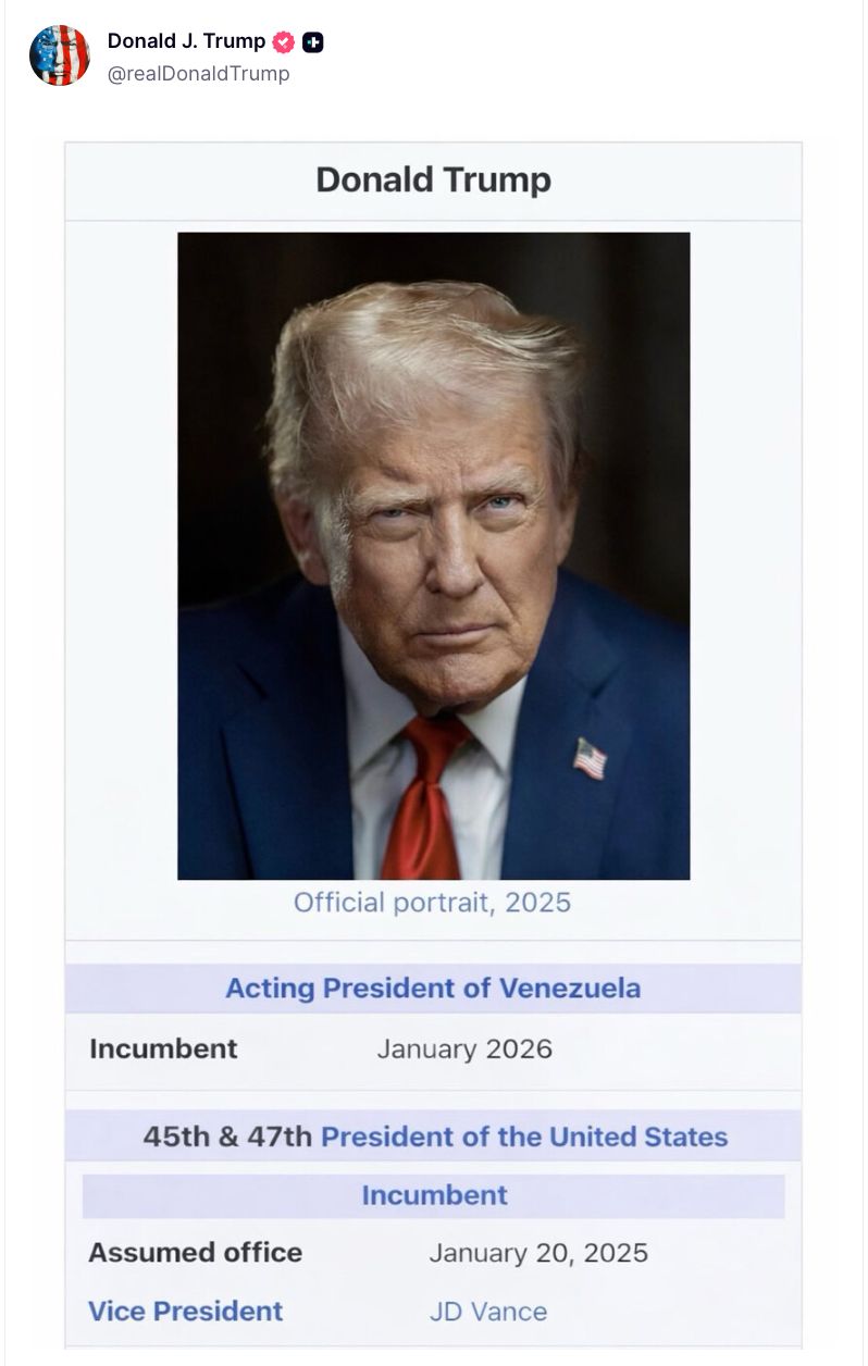 Donald Trump's Truth Social post, saying he is the 'Acting President of Venezuela'